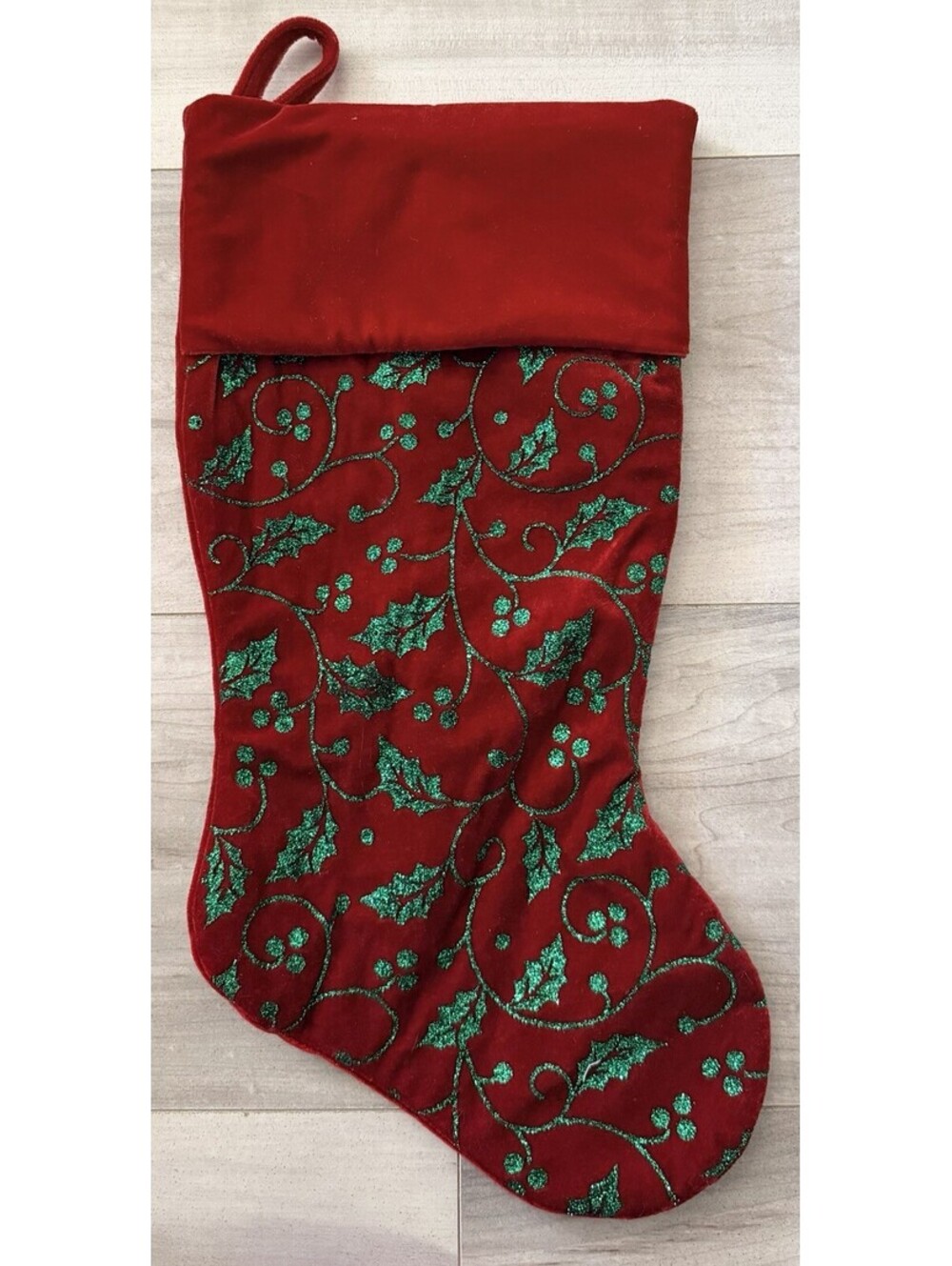 SANTA'S BEST Red VELVET SPARKLE Glitter Holly Berries CHRISTMAS STOCKING